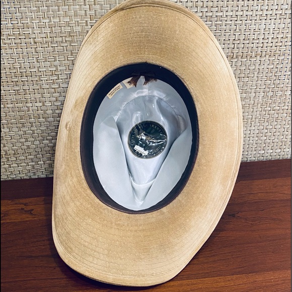 ?2xHP?VTG Tan Brushed Velvet Western Hat Floral Woven Band by Lanning Canada S main image 5